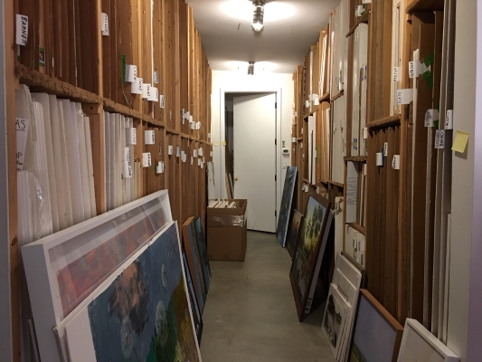 This image shows one of the artwork storage areas in the gallery that is not open to the public. This particular area handles medium sized artwork.