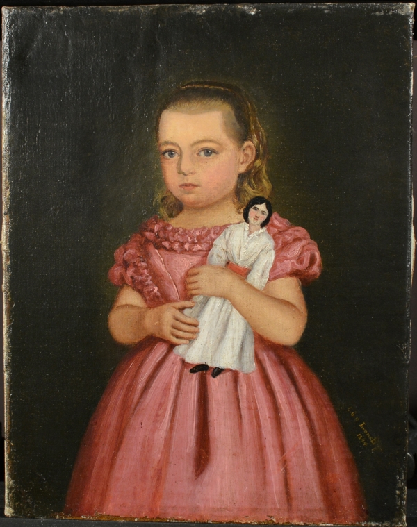 Antique painting of young girl holding doll showing an issue in getting your art appraised