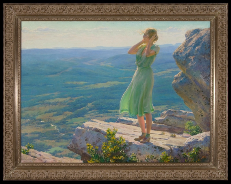 Painting of a girl in a green dress standing on a promentory