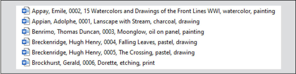 File Explorer list of word files containing artwork documentation